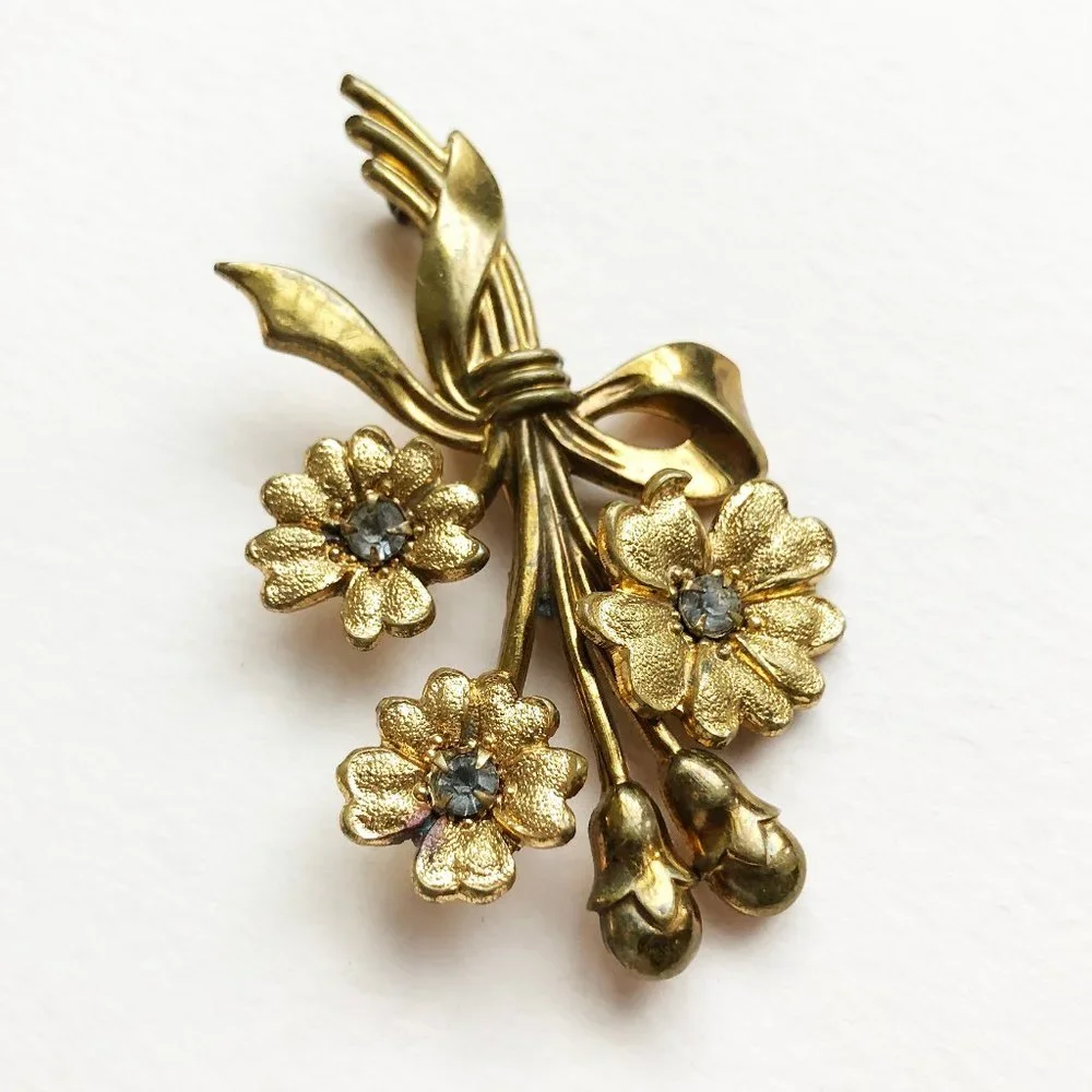 Vintage crystal flower brooch, floral rhinestone lapel pin
